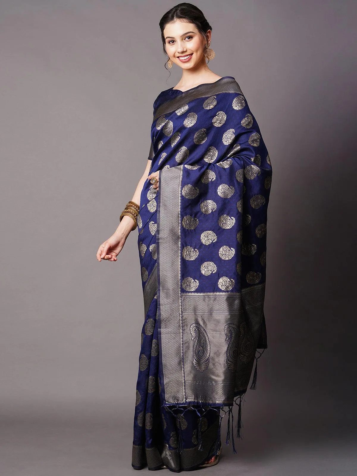 Odette Women Navy Blue Festive Silk Blend Woven Design Saree With Unstitched Blouse