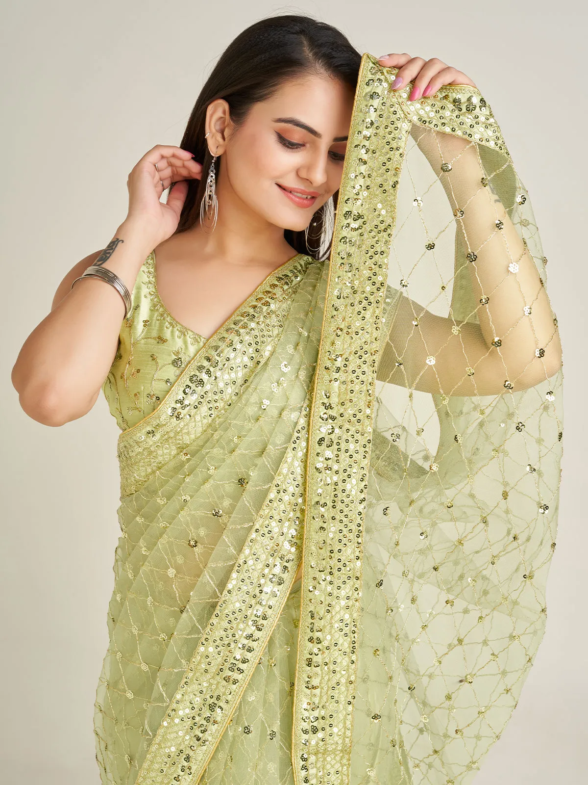 Odette Women Sparkling Green Net Sequins Saree