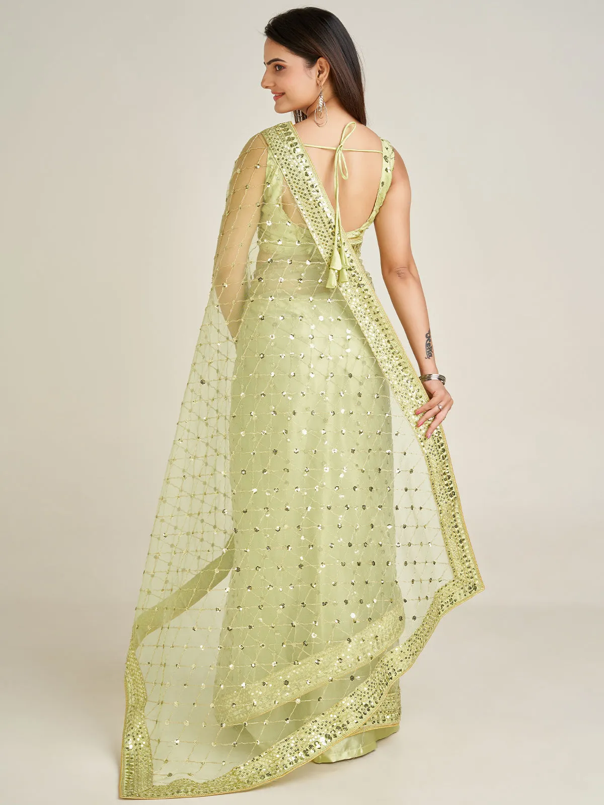 Odette Women Sparkling Green Net Sequins Saree