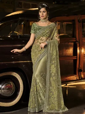 Odette Women Teal Green Net Floral Designer Saree With Unstitched Blouse