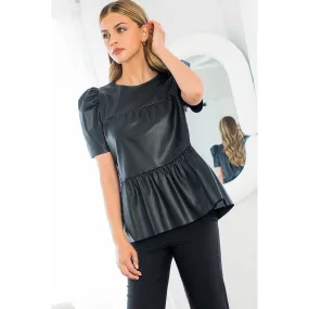 Paris Black Leather Tiered Short Sleeve THML Top-SALE