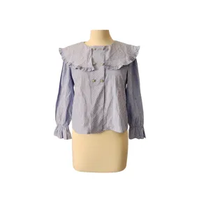 ZARA Blue and White Checked Frill Neck Rhinestone Button Blouse | Like New |